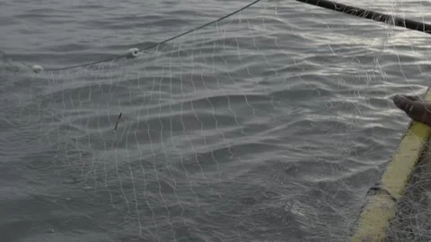 Slow Motion of Fisherman's Hands Pulling a Traditional Fishing Net at Dawn Stock Footage 320635156