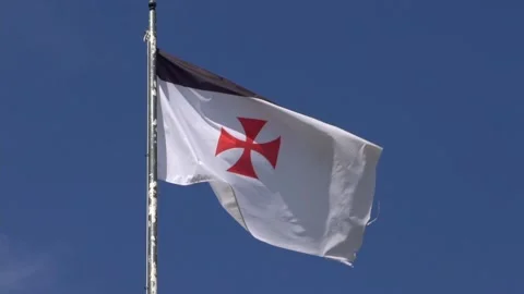 Slow Motion of flag banner the knights templars at castle medieval in Spain. Stock Footage 163072654