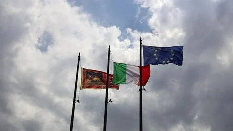 Slow motion of flags of Veneto Region, European Union and Italy waving Stock Footage 275386751