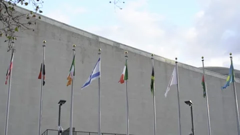 Slow motion flags in the wind. united Nations flags in New York City. Stock Footage 176112289