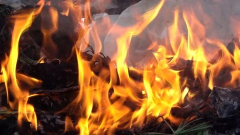Slow motion flame fire and smog is burning garbage or waste  on dark background. Stock Footage 92930969