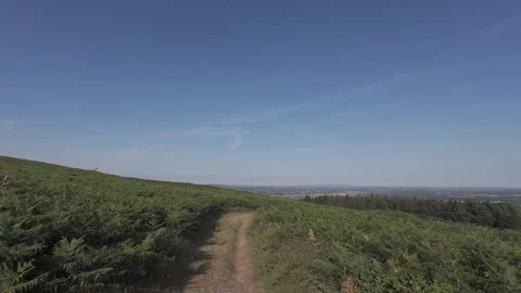 Slow motion flat profile dirt path through green hill field Stock Footage 340449682