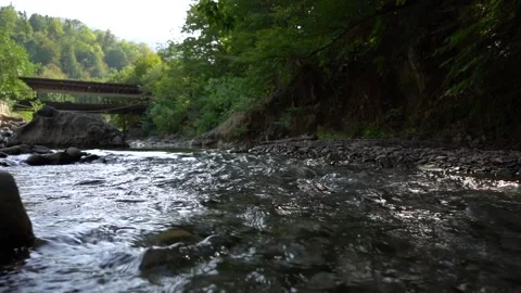 Slow Motion Flow of River with Clean Water between Gravel Stones Stock Footage 236609753