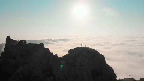 Slow motion fly over Kojori fortress with person standing top with dramatic l Stock-Footage 147864984