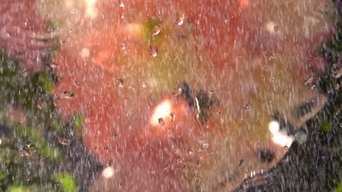 Slow motion of flying post spray water dust with wet window Stock Footage 99145062