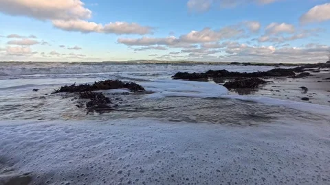 Slow motion foaming ocean tide covering sandy seaweed Anglesey beach Stock Footage 325720932