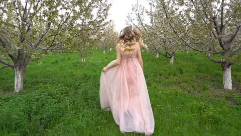 Slow motion following back five years age brunette girl with blue dress running Stock Footage 128434740