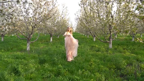 Slow motion following back five years age brunette girl with blue dress running Stock Footage 128435037