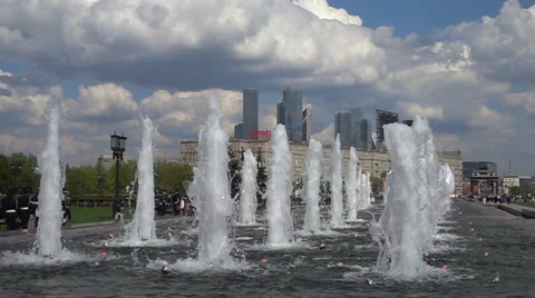 Slow Motion Fontain with Moscow's Sky-Scrapers Stock Footage 62860439