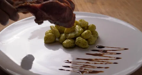 Slow Motion Food Plating at Upscale Fancy Restaurant, Lamb &amp; Gnocchi Stock Footage 103220804