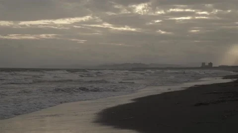 Slow motion footage of the beach at sunset in Enoshima, Kanagawa Prefecture, Stock Footage 52839719