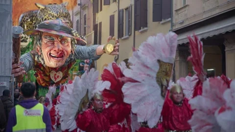 Slow Motion footage of Carnival Float at Cento Carnevale d'Europa 2026 Stock Footage 329176017