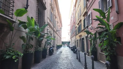Slow motion footage of a charming narrow street and flower pots in historic Rome Stock Footage 339780591