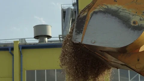 Slow motion footage of a loader emptying a bucket with wood chips Stock Footage 71271820