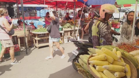 Slow motion footage, Shoppers moving through an urban farmers market. Stock Footage 287093033