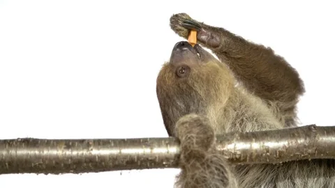 Slow motion footage of sloth holding and eating carrot piece while sitting .. Vidéo 337282998