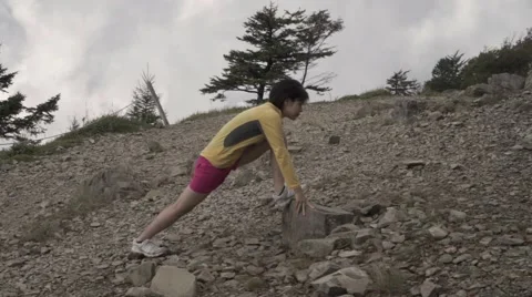Slow motion footage of trail runner at Mount Daibosatsu in summer, Yamanashi Stock Footage 58468092
