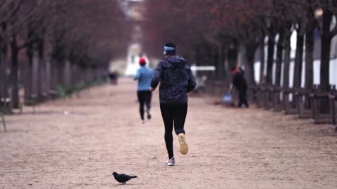 Slow motion footage of two joggers running through the park by the Louvre Stock-Footage 259320778