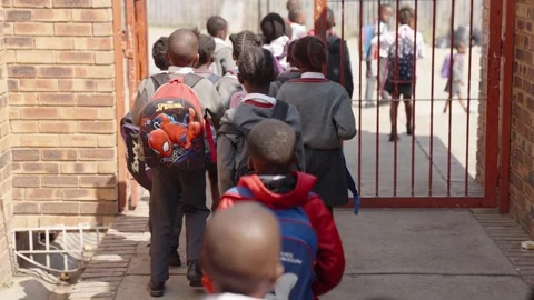 Slow motion footage of the young students walking home after school on a sunny Stock Footage 253467706