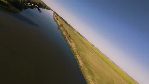 Slow motion FPV drone video of white stork flying over green fields Stock Footage 334174455