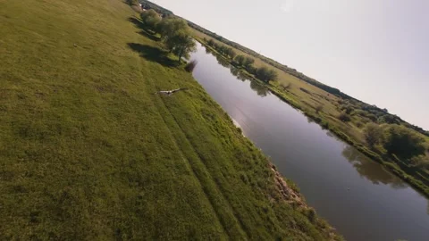 Slow motion FPV drone video of white stork flying over green fields Stock Footage 334174561