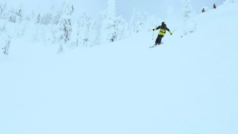 Slow motion of freeride skier jumping on snowy hill on cloudy day, Canada Stock Footage 129095622
