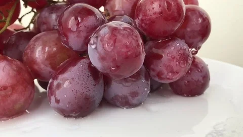 Slow motion: Fresh bunch of black wine grapes with water drops rotate on white Stock Footage 80717651