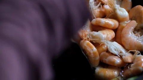 Slow motion: Fried shrimps with ginger, onion, sugar and soy sauce. Stock Footage 114643753