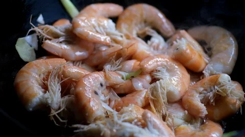 Slow motion: Fried shrimps with ginger, onion, sugar and soy sauce. Stock Footage 114644034