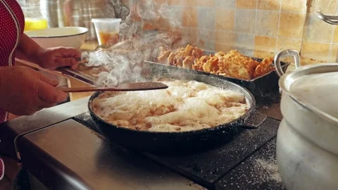 Slow Motion, Frying Pork Cutlets in Hot Pan Showing Steam, Homemade Cooking Stock-Footage 327444734