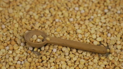 Slow motion. A full spoonful of peas grains falls down a heap of peas grains Video stock 169833108