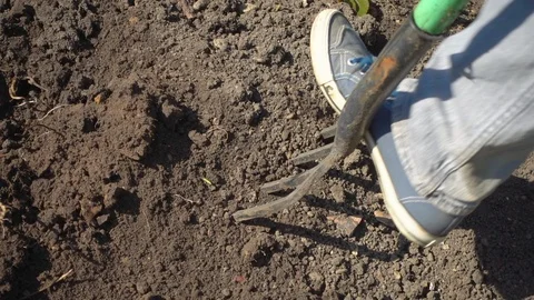 Slow motion: Garden fork turning over soil. Stock-Footage 89524127
