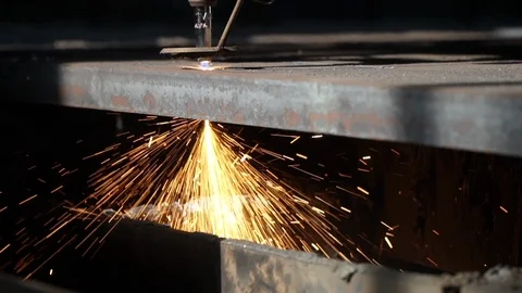 Slow motion: gas cutting by flame on a cnc automatic machine Stock Footage 118434307