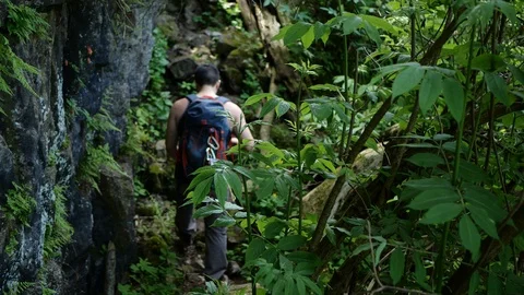 Slow motion gimbal stabilized clip of a male hiker Stock Footage 109485973