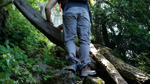 Slow motion gimbal stabilized clip of a male hiker Stock Footage 109486039