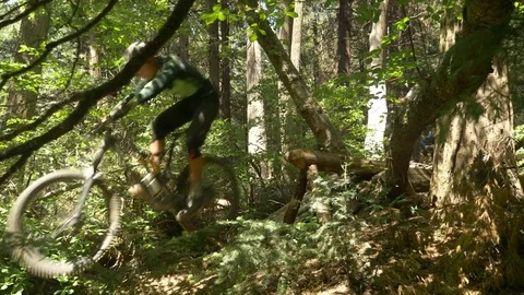 Slow motion glide cam shot of two guys mountain biking off a log. 動画素材 77602719