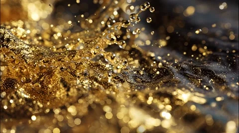 Slow-motion golden liquid splashes dramatically against a black background Stock Footage 314826332