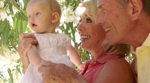 Slow motion of grandparents and baby granddaughter playing in garden by flowery Stock Footage