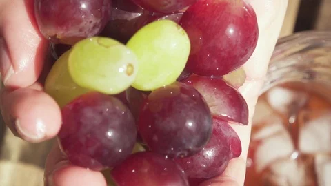 Slow motion grape falls from the palm of the hand to the decanter Stock Footage 89087778