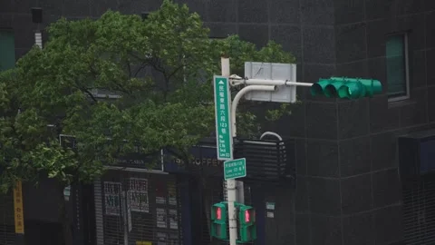 Slow motion of green traffic lights flickering in stormy Taipei streets Stock Footage 313628599