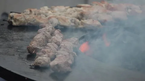 Slow motion of grilling a chicken. Barbecue grill, fire, flame. Soft focus. Stock Footage 235218242