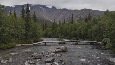 Slow motion group of hikers with large backpacks cross the bridge. Stock Footage 123354643