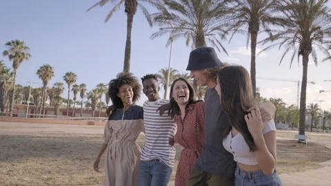 Slow motion of a group of multi-ethnic friends having fun. Young students Stock Footage 159962313