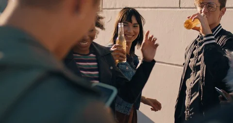 Slow motion group of multiracial friends hanging out young african american Stock Footage 99082330