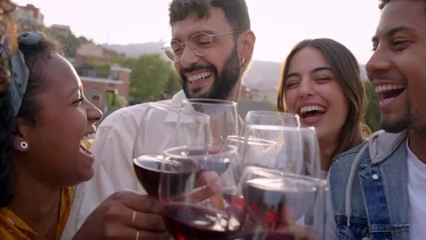Slow motion of group of multiracial friends toasting with red wine and Stock Footage 243083471