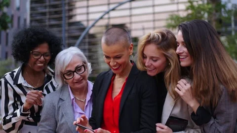 Slow motion of group of only formal business women taking funny selfie with Stock Footage 316988067