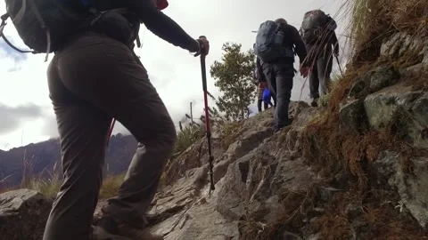 Slow motion, group of people hiking on Inca trail. Cusco, Peru Stock Footage 130433341