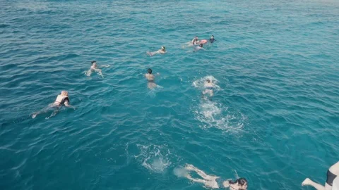 Slow motion A group of tourists snorkeling swims and bathes in the ocean near Stock Footage 86157053