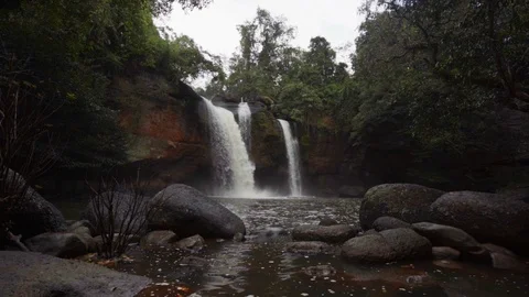 Slow-motion of Haew Suwat Waterfall in Khao Yai National Park, Thailand Stock Footage 98571535