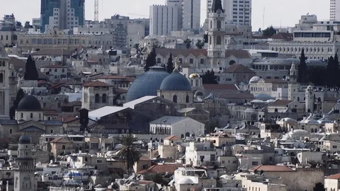 Slow Motion Hand Held shot showing the vista of Jerusalem Stock Footage 86071791